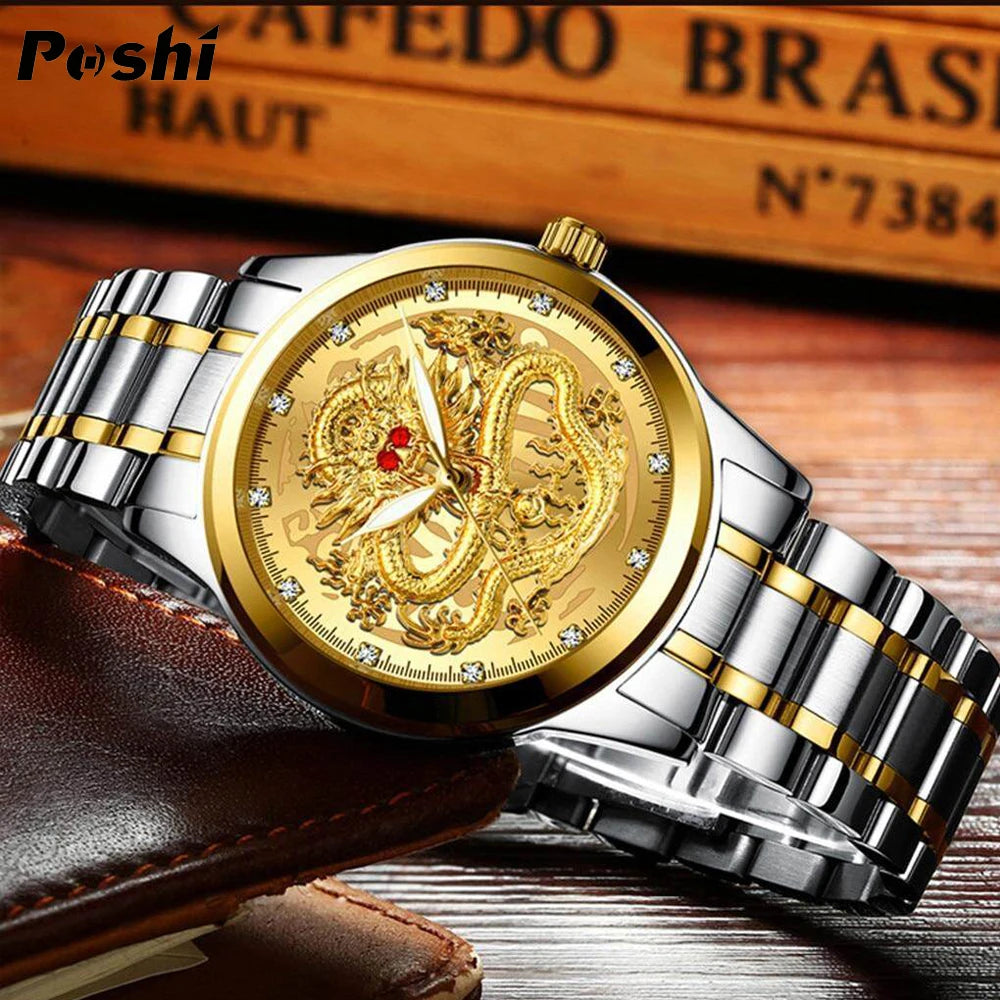POSHI Stainless Steel Fashion Quartz Watch Gold Dragon Men's Watches Luxury Original Design Waterproof Quartz Movement Clock
