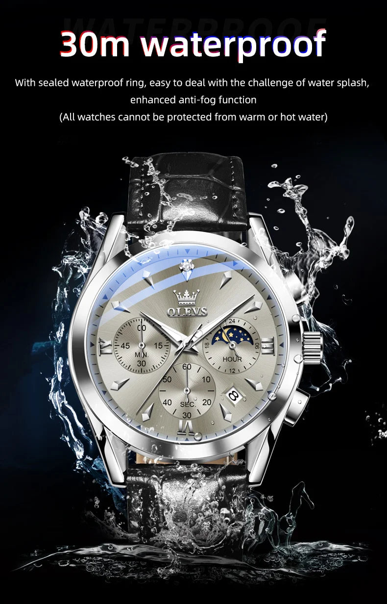OLEVS 3609 Original Moon Phase Chronograph Man Watch Leather Strap Waterproof Luminous Luxury Brand Quartz Wrist Watches for Men