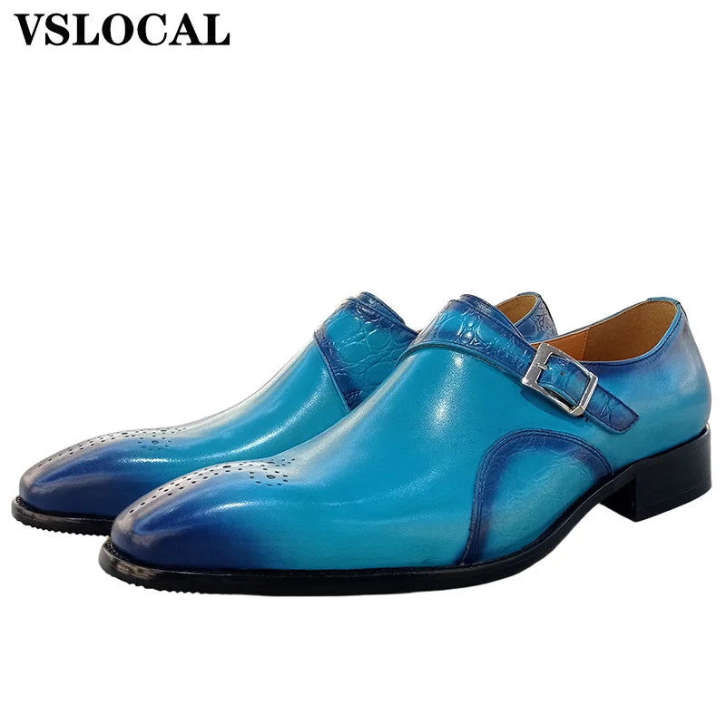Genuine Leather Men's Loafers Blue Black Buckle Strap Casual Luxury Mens Dress Shoes Office Wedding Monk Shoes For Men