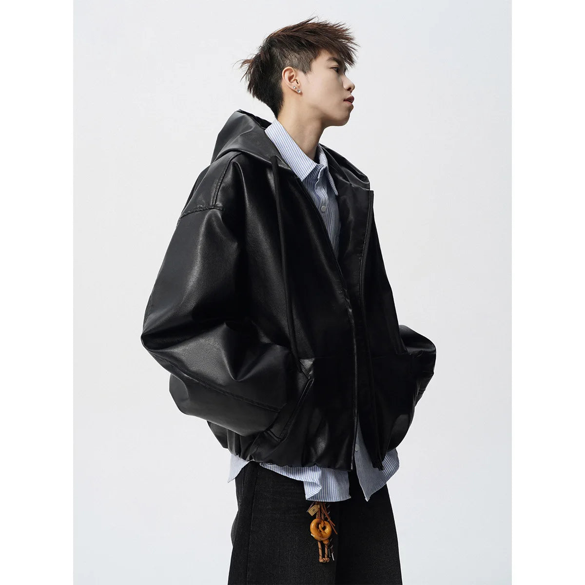Luxury Motorcycle Leather Jacket Men's American Street Short PU Leather Clothes Trendy Retro Silhouette Hooded Jacket