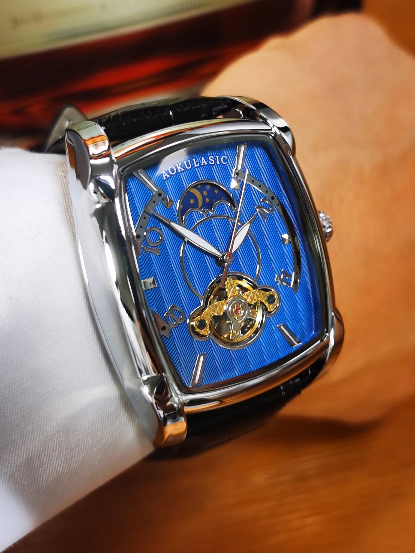 Tonneau Moon Phase Automatic Watch for Men Luxury Brand Tourbillon Skeleton Mechanical Watches Leather Belt Luminous Hands Clock