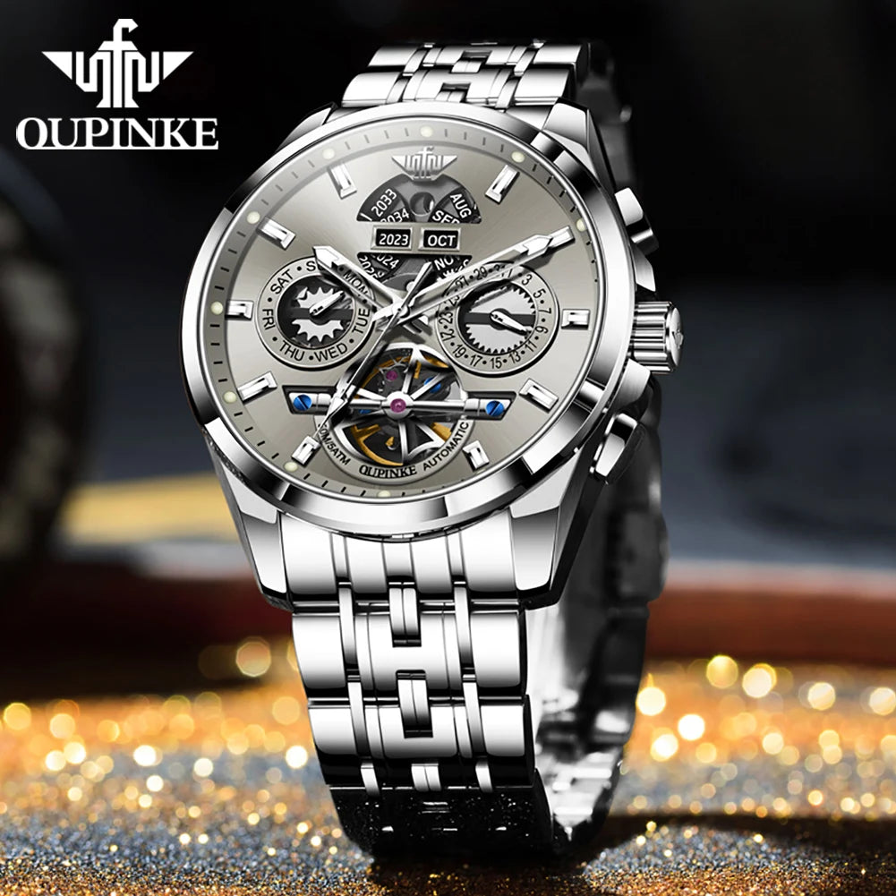 OUPINKE 3251 Watch For Men Auto Date Hollow Skeleton Luxury Automatic Mechanical Hand Clock Top Brand Waterproof Man Watches