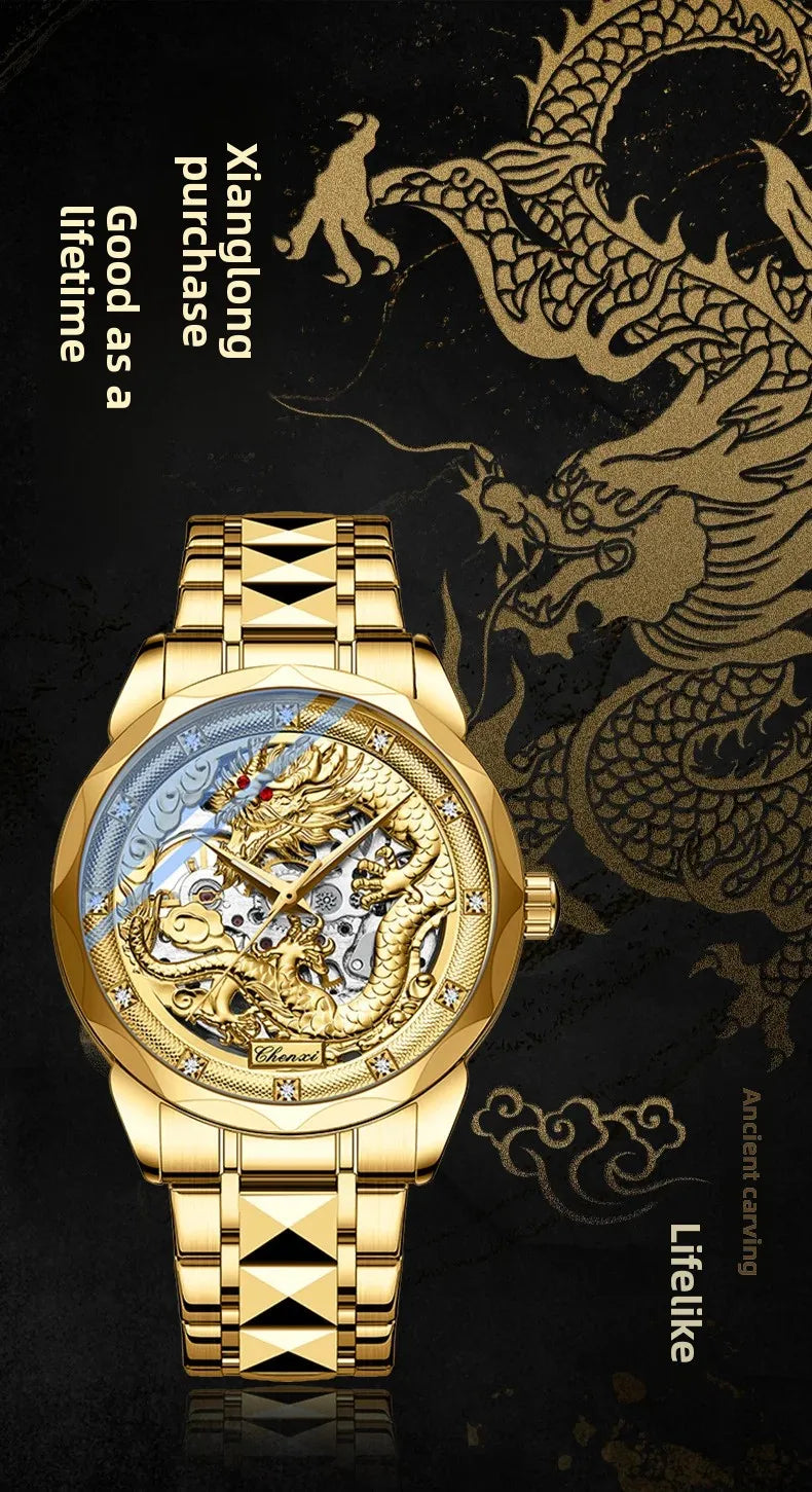 Men's Automatic Mechanical Watch Night Glow Waterproof Relief New Fashion Business Leather Steel Band Luxury Timepiece