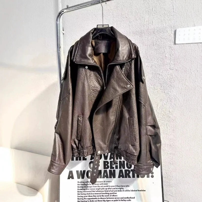 Lamb Soaked Leather Motorcycle Jacket Loose PU Leather Jacket Oversize2025 New High-end Simple Early Autumn Jacket