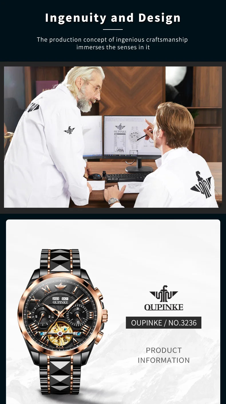 OUPINKE 3236 Men Watch Hollow Skeleton Date Luxury Mechanical Watch For Men Deep Waterproof Roman Scale Male Business Wristwatch