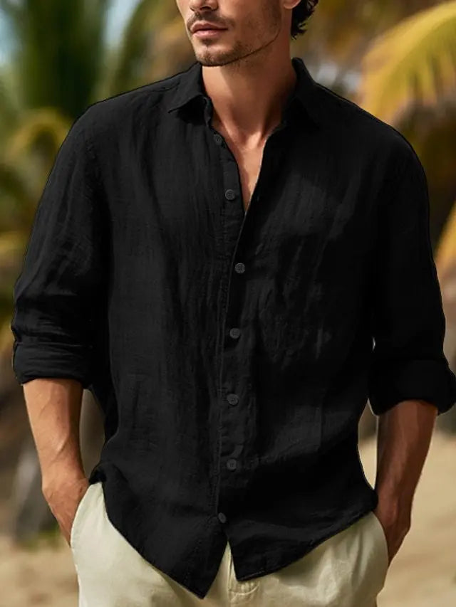 Men's Long-sleeved Top in 2025,Made of Cotton and Linen, Solid Color, Turn-down Collar, in a Casual Style Shirt  linen shirt men