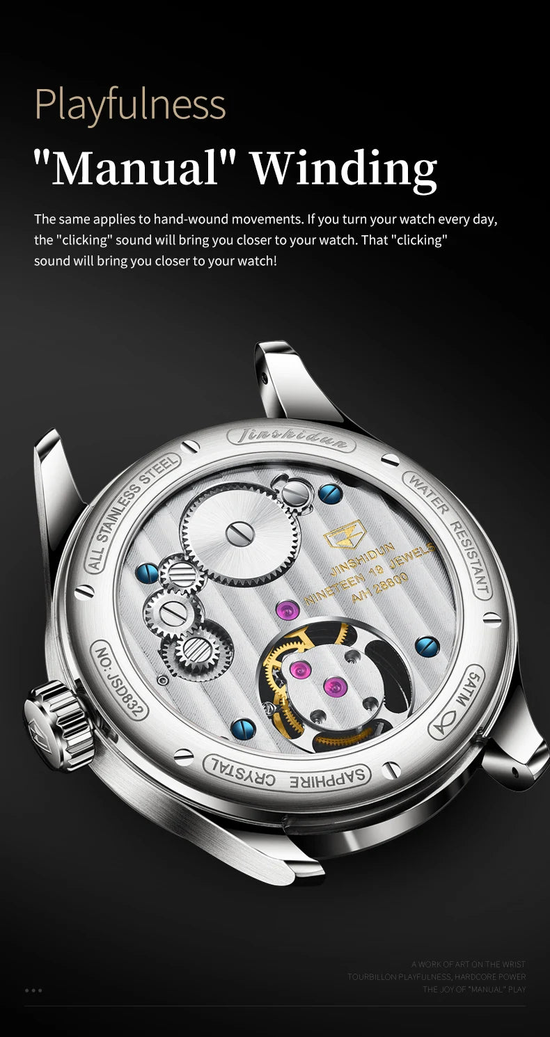 JSDUN Fully Diamond Tourbillon Automatic Watch for Men Genuine Leather Strap Sapphire Mirror Luxury Mechanical Man Wrist Watches