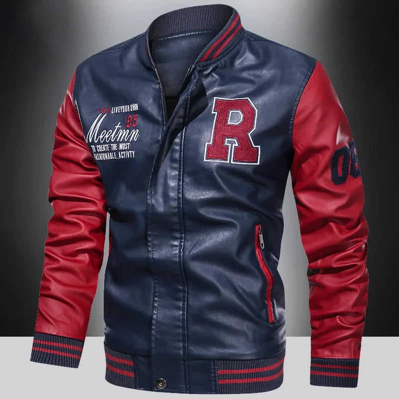 Men's American Leather Baseball Jacket Casual Color Block PU Pilot Coat Spring Autumn Leather Jacket Motorcycle Suit Jackets Men