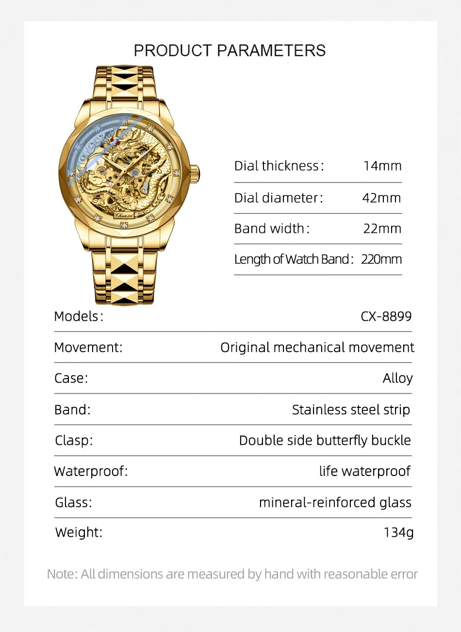 Chenxi 8899 Chinese Nation Culture And Art 3d Embossed Dragon Pattern Gold Automatic Mechanical Stainless Steel Watches For Men