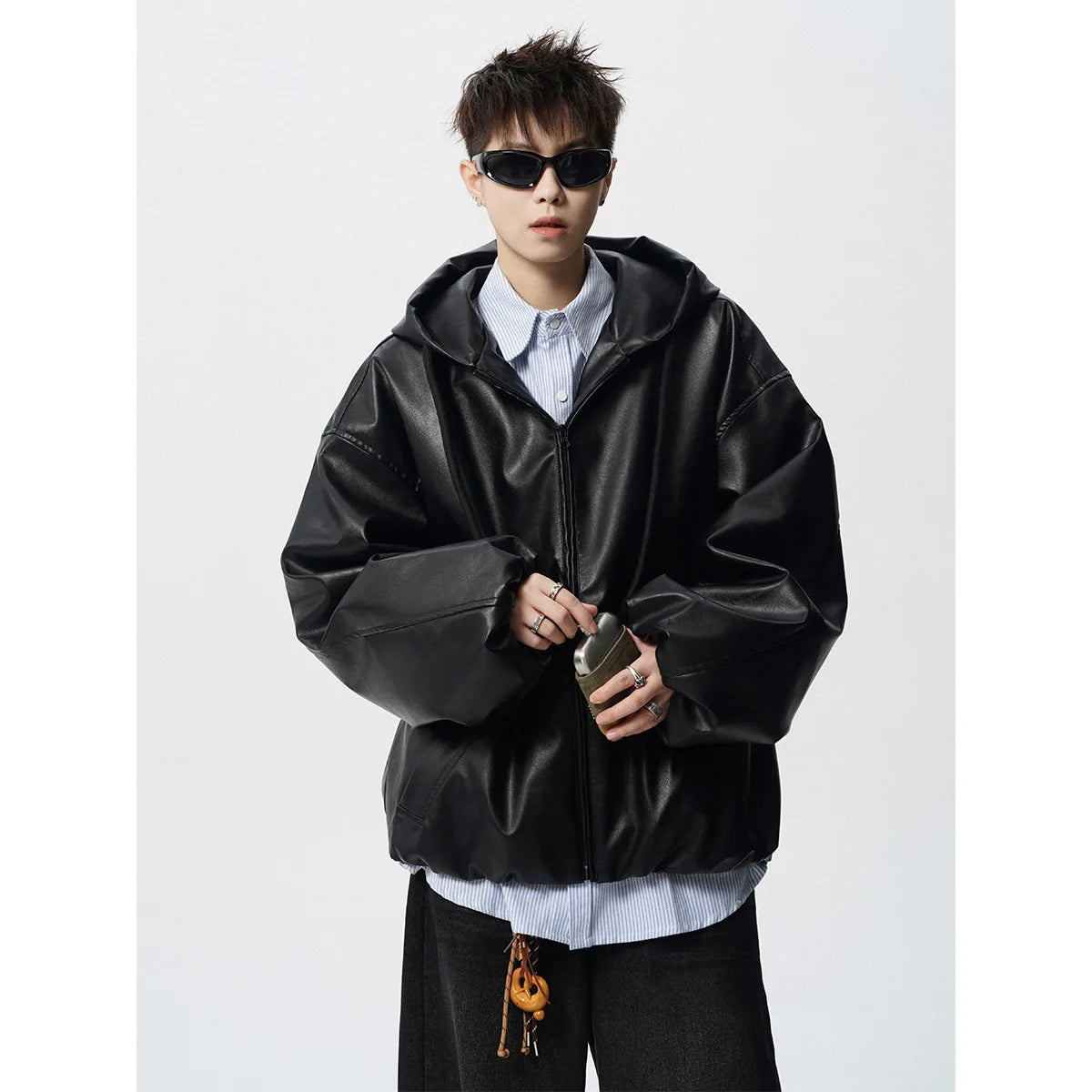 Luxury Motorcycle Leather Jacket Men's American Street Short PU Leather Clothes Trendy Retro Silhouette Hooded Jacket