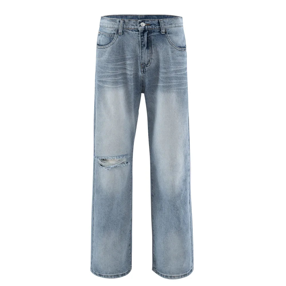 Ripped Denim Pants Mens Washed Distressed Retro Streetwear Baggy Straight Wide Leg Jeans Men