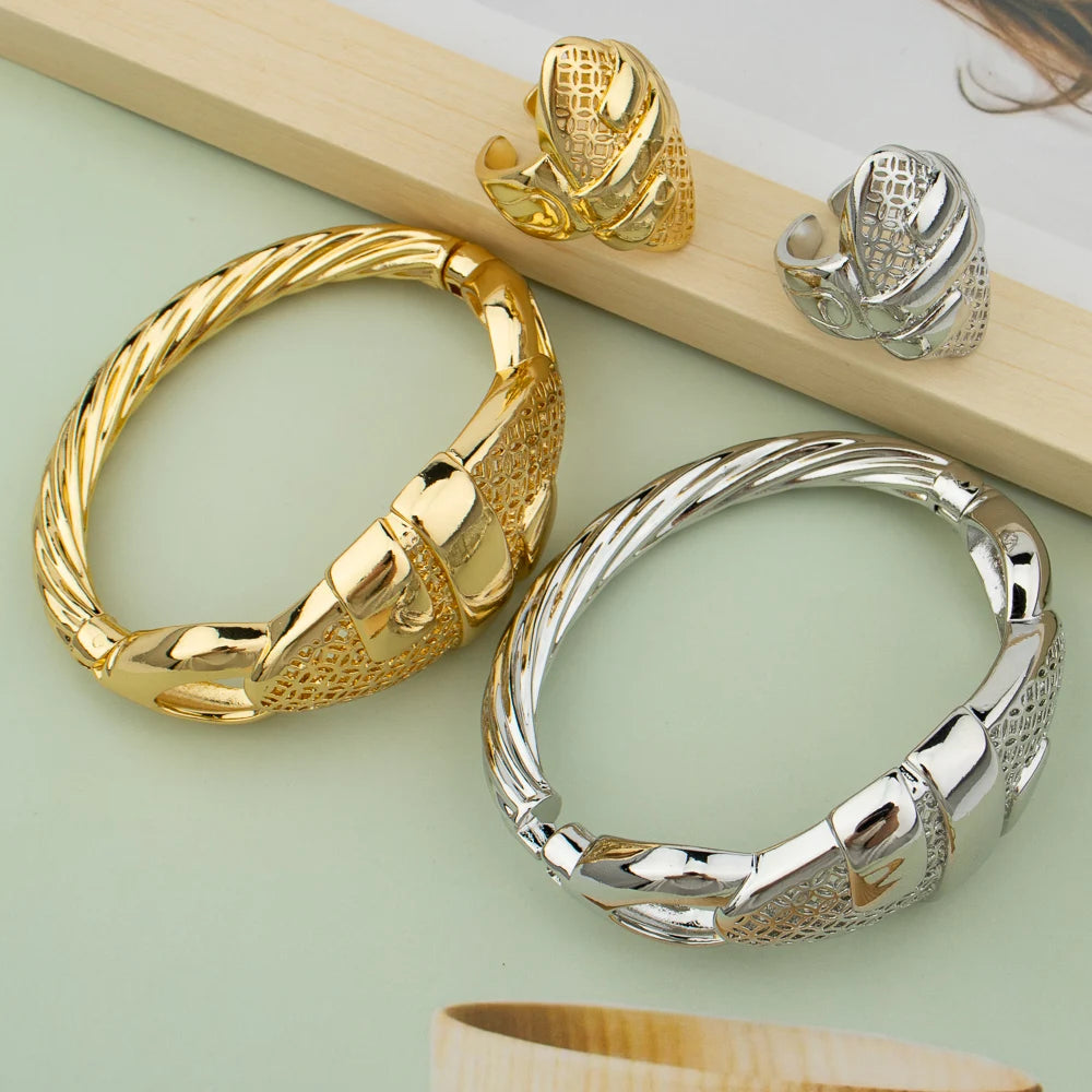 Cuff Bangle With Ring For Women 18K Gold Plated Bracelet Jewelry Nigerian Wedding Party Gift Dubai Hollow Out Design Bracelet