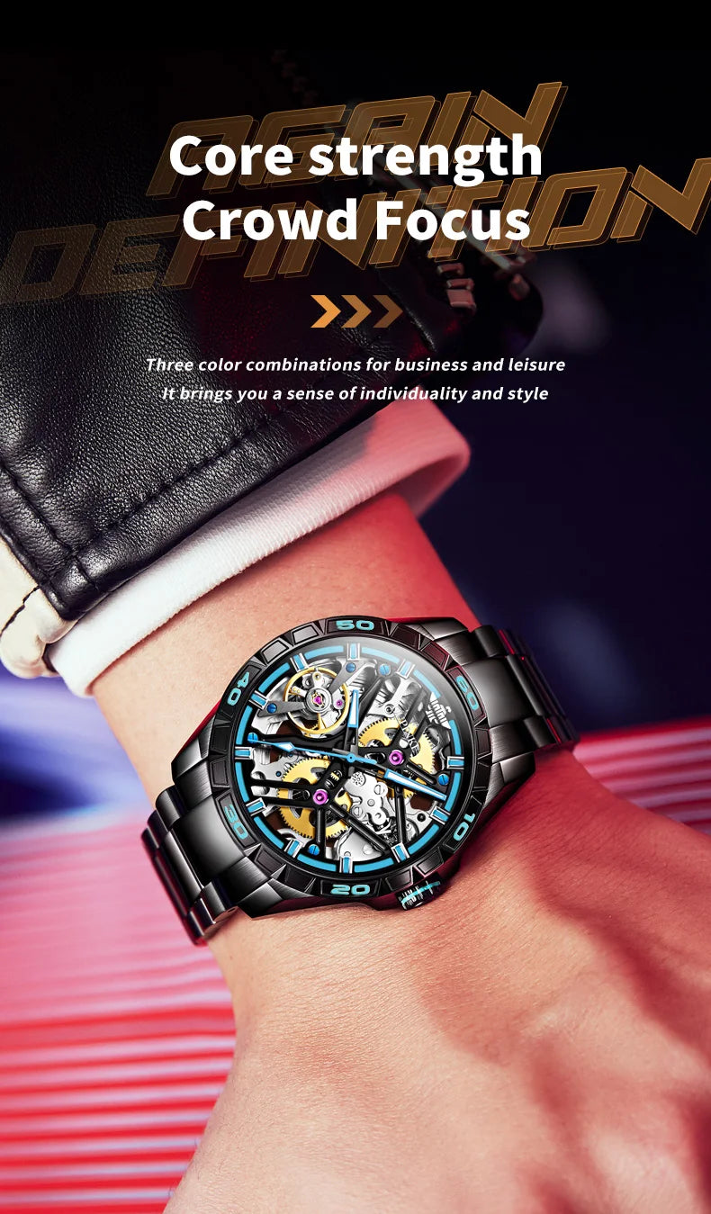 OUPINKE 3196 Luxury Business High Quality Mens Watch Skeleton Automatic Mechanical Watch 50M Waterproof Luminous Sports Watches