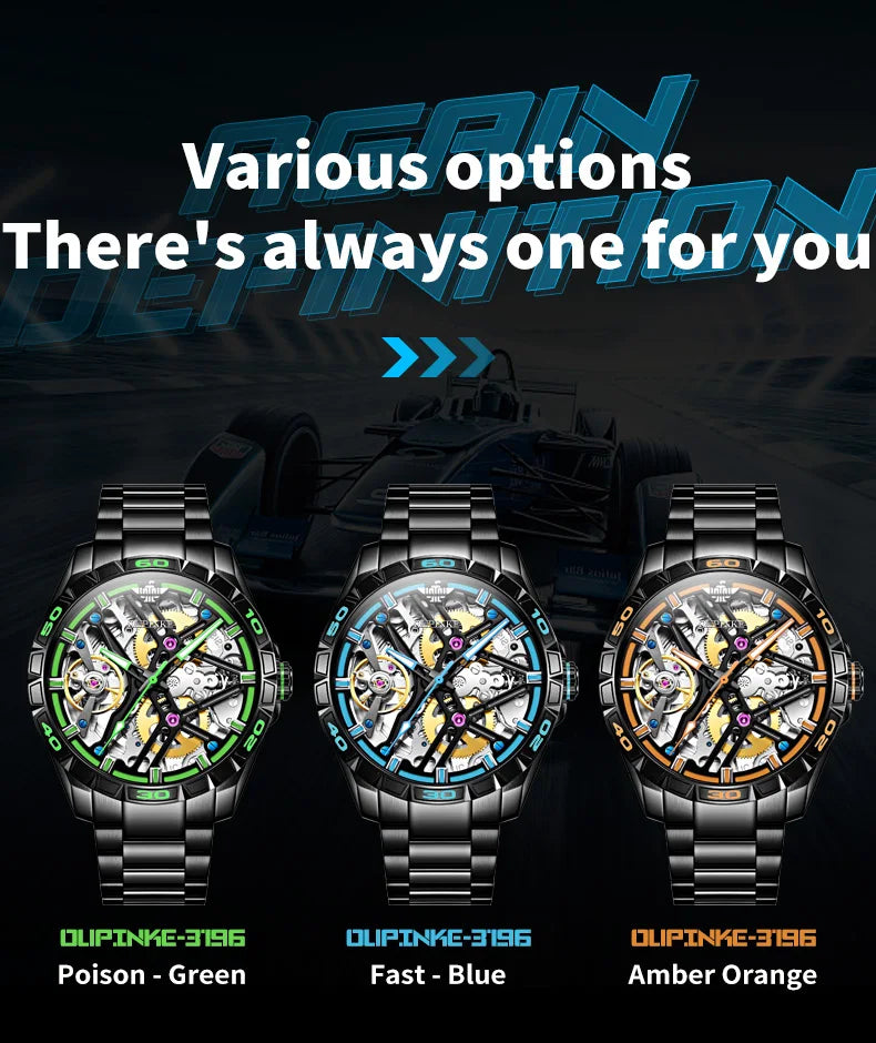 OUPINKE 3196 Blue Watch for Men Original Automatic Movement Deep Waterproof Hollow Out Mechanical Wristwatch Men