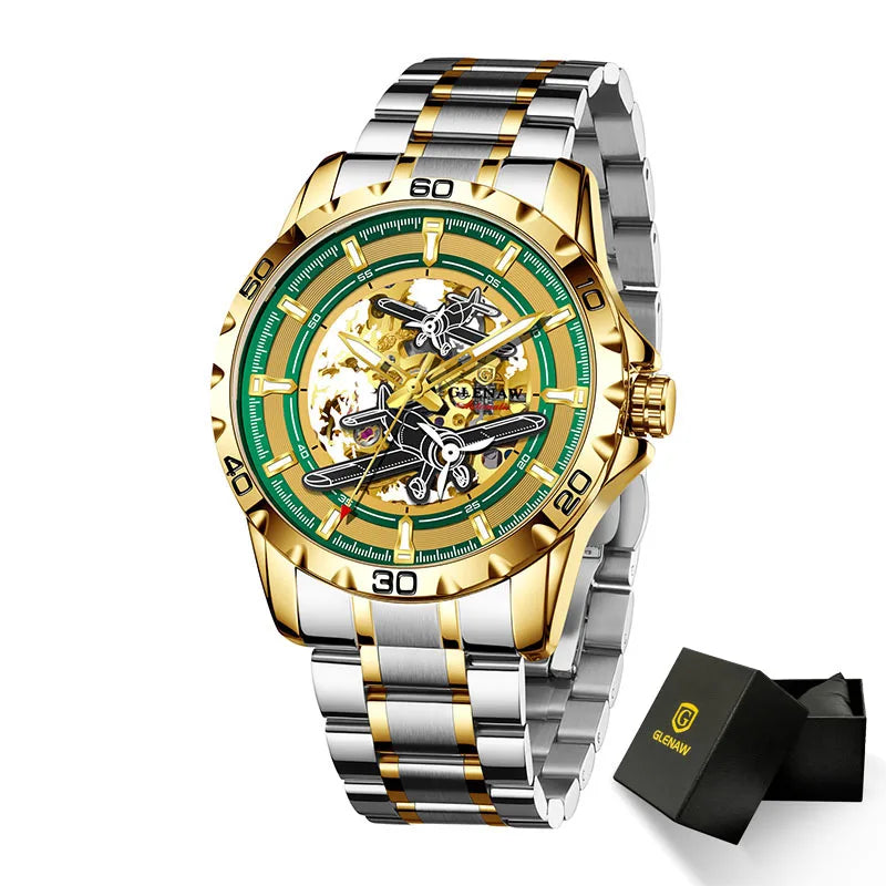 GLENAW New Pilot Series Men Watches Hollow Luxury Automatic Mechanical Watches Luminous waterproof Stainless Steel Strap Watch