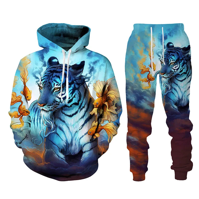 Animal Tiger 3d Printed Men's Tracksuit Set Casual Hoodie and Pants 2pcs Sets Autumn Winter Fashion Streetwear Man Clothing Suit