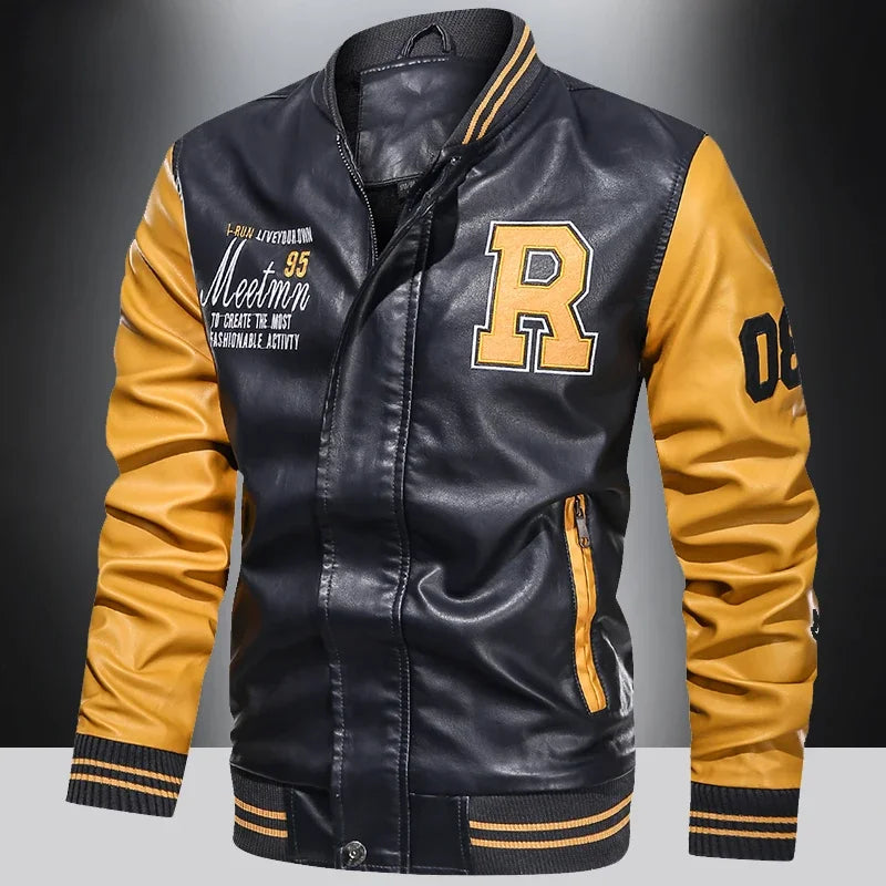 Men's American Leather Baseball Jacket Casual Color Block PU Pilot Coat Spring Autumn Leather Jacket Motorcycle Suit Jackets Men