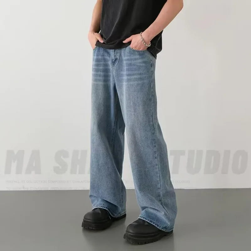 Men's New Denim Pants Old Blue Black Washed Spring Autumn Male Jeans Straight Casual Menwear Loose Wide Leg Trousers New Fashion