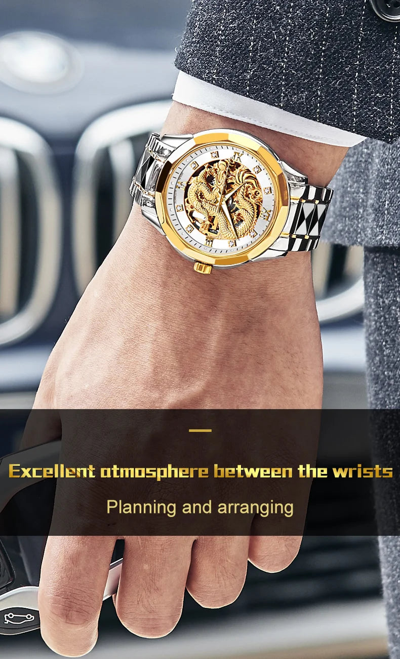JSDUN Gold 3D Dragon Dial Watch For Men Luxury Brand Automatic Mechanical Watch Stainless Steel Strap Hollow-carved Reloj Hombre