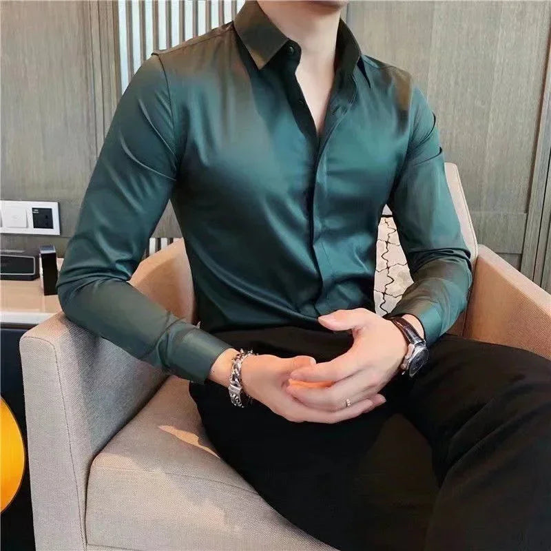 Men's Shirt And Blouse Business Green Long Sleeve Male Top Plain Clothes Designer Elegant New In Silk Button Fashion 2024 Luxury