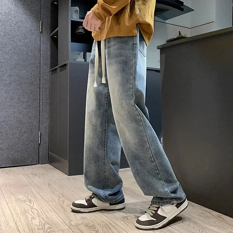 2025 New Fashion Summer Men's Denim Pants Old Blue Washed Male Brand Jeans Straight Casual Menwear Loose Wide Leg Trousers