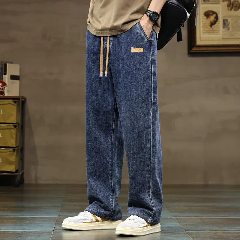 Branded Men's Baggy Jeans Classic Drawstring Loose Casual Straight Pants College Students Daily Versatile Blue Pants