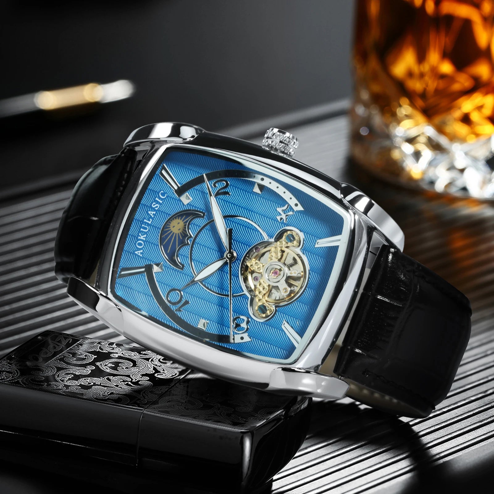 Tonneau Moon Phase Automatic Watch for Men Luxury Brand Tourbillon Skeleton Mechanical Watches Leather Belt Luminous Hands Clock