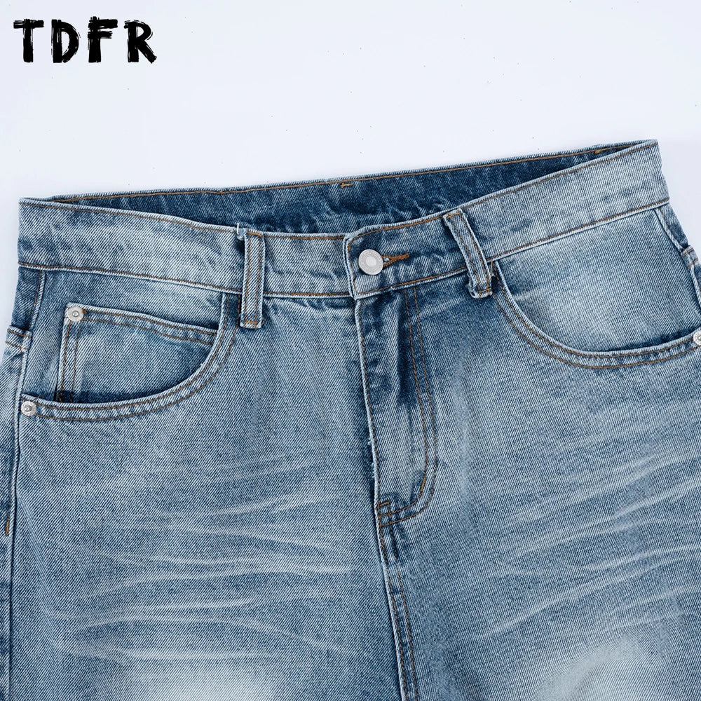Ripped Denim Pants Mens Washed Distressed Retro Streetwear Baggy Straight Wide Leg Jeans Men