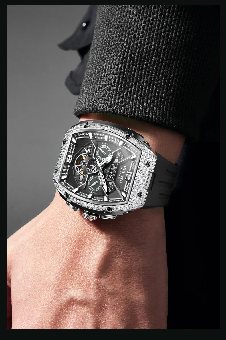 GELATU 6016 High-end Full Diamond Automatic Mechanical Watch for Men Multifunction Hollow Silicone Strap Men's Wristwatches