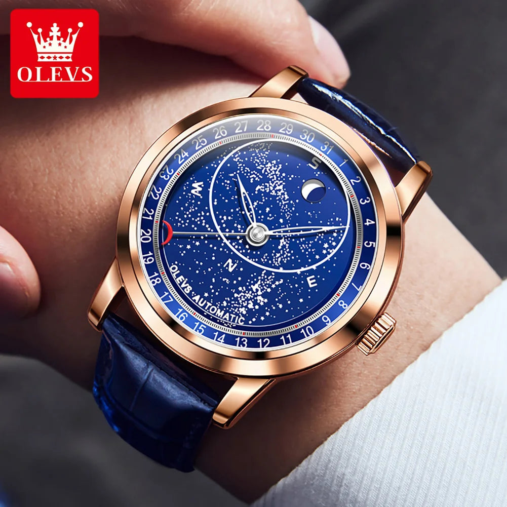 OLEVS 9923 Men's Watches Moon Phase Automatic Mechanical Watch for Man Blue Leather Luxury Dress Waterproof Luminous Wristwatch