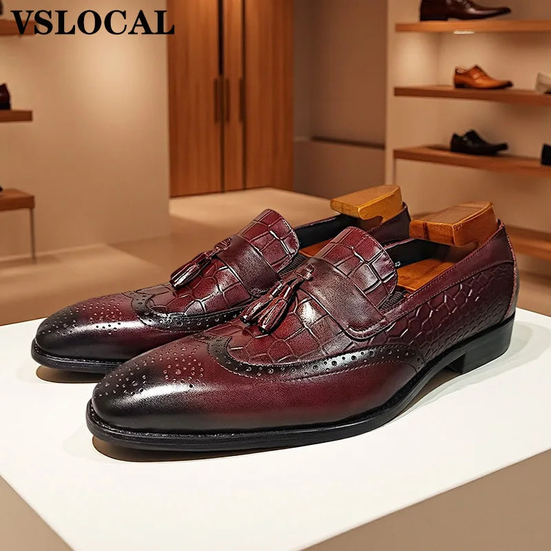 Italian Mens Shoes Blue Black Burgundy Wing Tip Casual Men Dress Shoes Loafers with tassels Leather Slip on Loafers Man