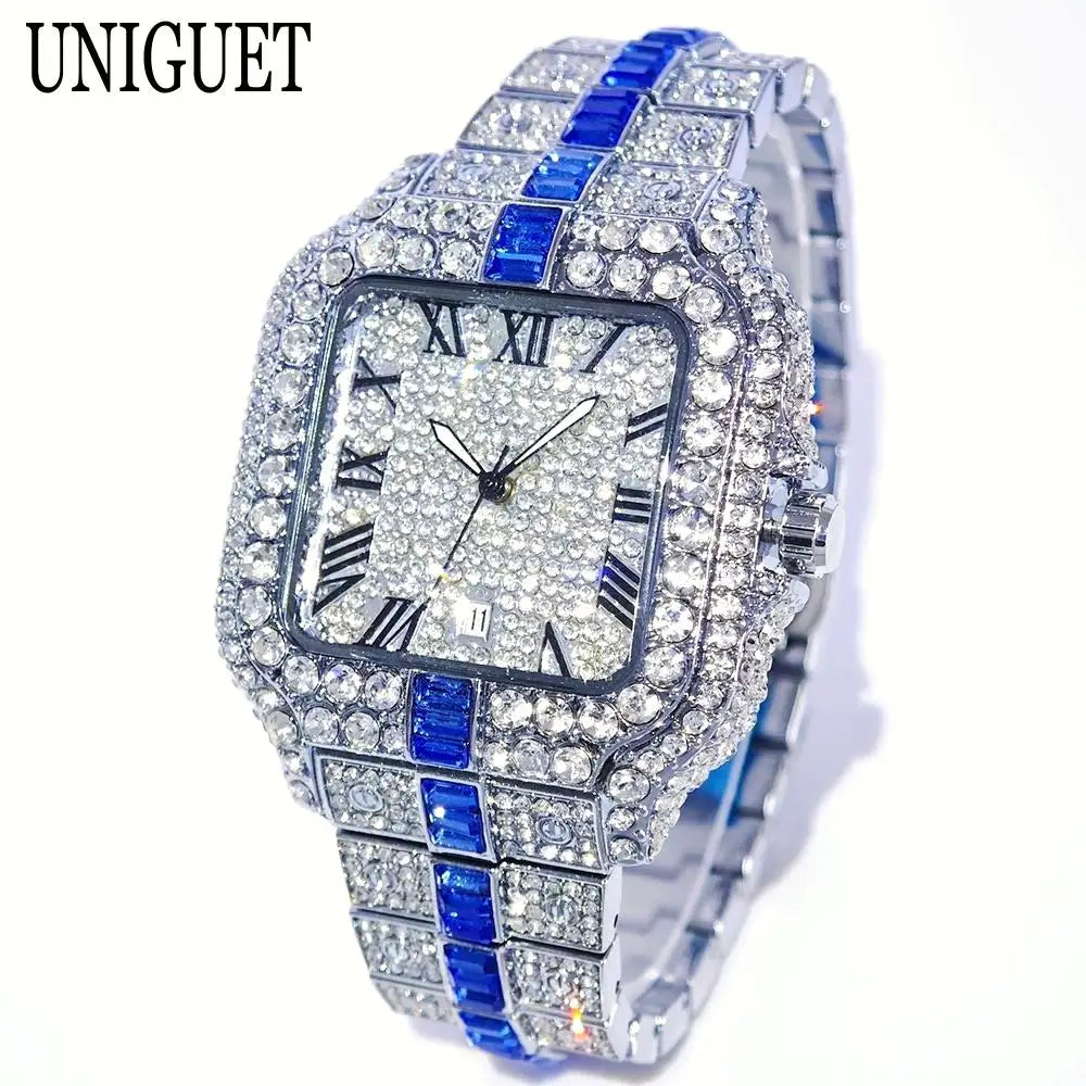Fashion Watch For Men Brand UNIGUET Luxury Square Iced Out Quartz Watch Man Hip Hop Blue Diamond Jewelry Wristwatch Reloj Hombre