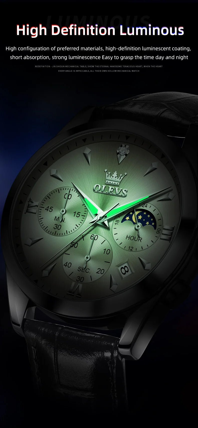 OLEVS 3609 Original Moon Phase Chronograph Man Watch Leather Strap Waterproof Luminous Luxury Brand Quartz Wrist Watches for Men