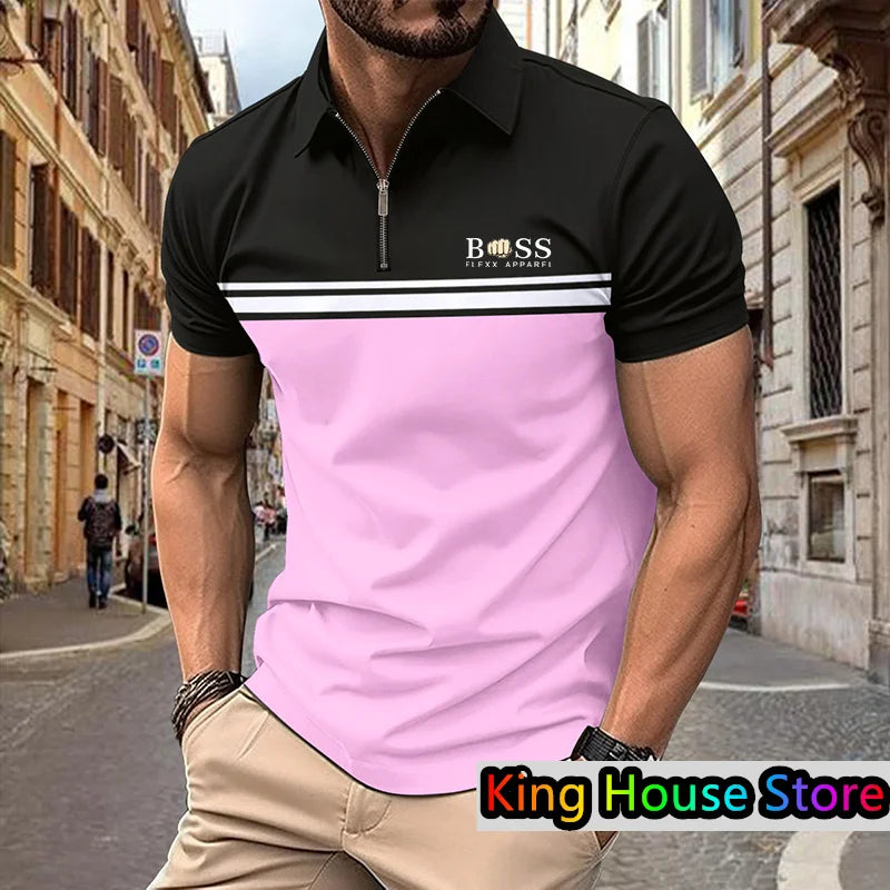 Men's Polo Shirt Summer Streetwear Boss 3d Printe Golf Short Sleeve Business Casual Zipper Polo Sportswear Male Clothing For Men