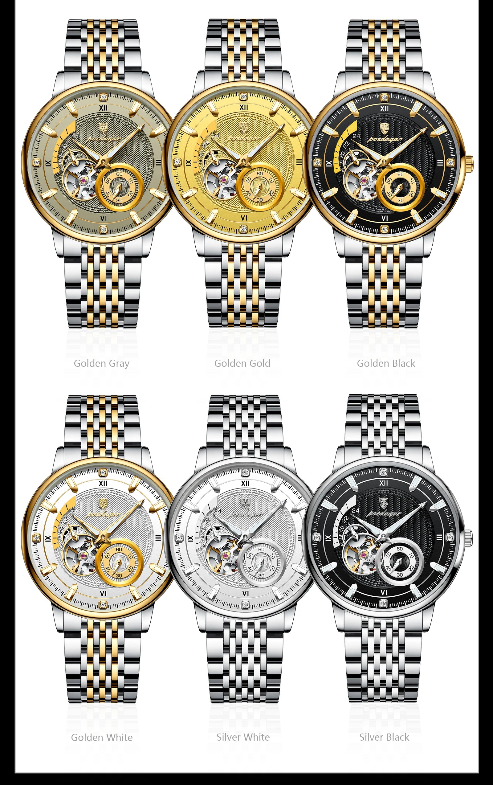 POEDAGAR Luxury Man Wristwatch Top Automatic Mechanical Luminous Men Watch Hollow Tourbillon Stainless Steel Men's Watches Reloj