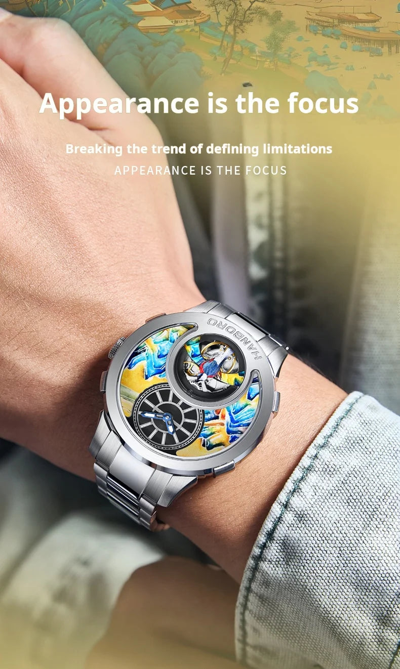 HANBOROThousand Miles Series Oil Painting Personalized Dial Magpie Skeleton Balance Wheel Design Men's Automatic MechanicalWatch