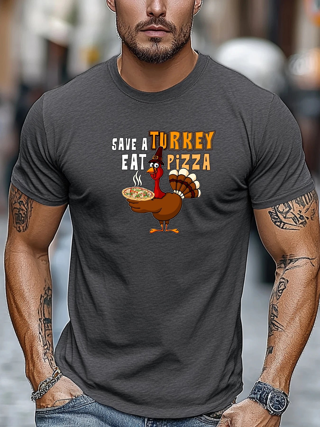 Men t-shirt SAVE A TURKEY EAT PIZZA Graphic Summer Soft Comfort Fit Tee Daily Wear Tops