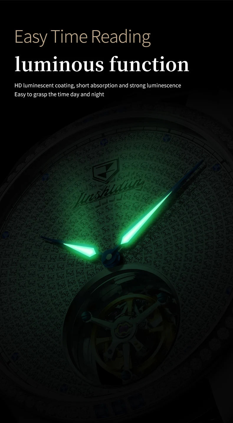 JSDUN Fully Diamond Tourbillon Automatic Watch for Men Genuine Leather Strap Sapphire Mirror Luxury Mechanical Man Wrist Watches