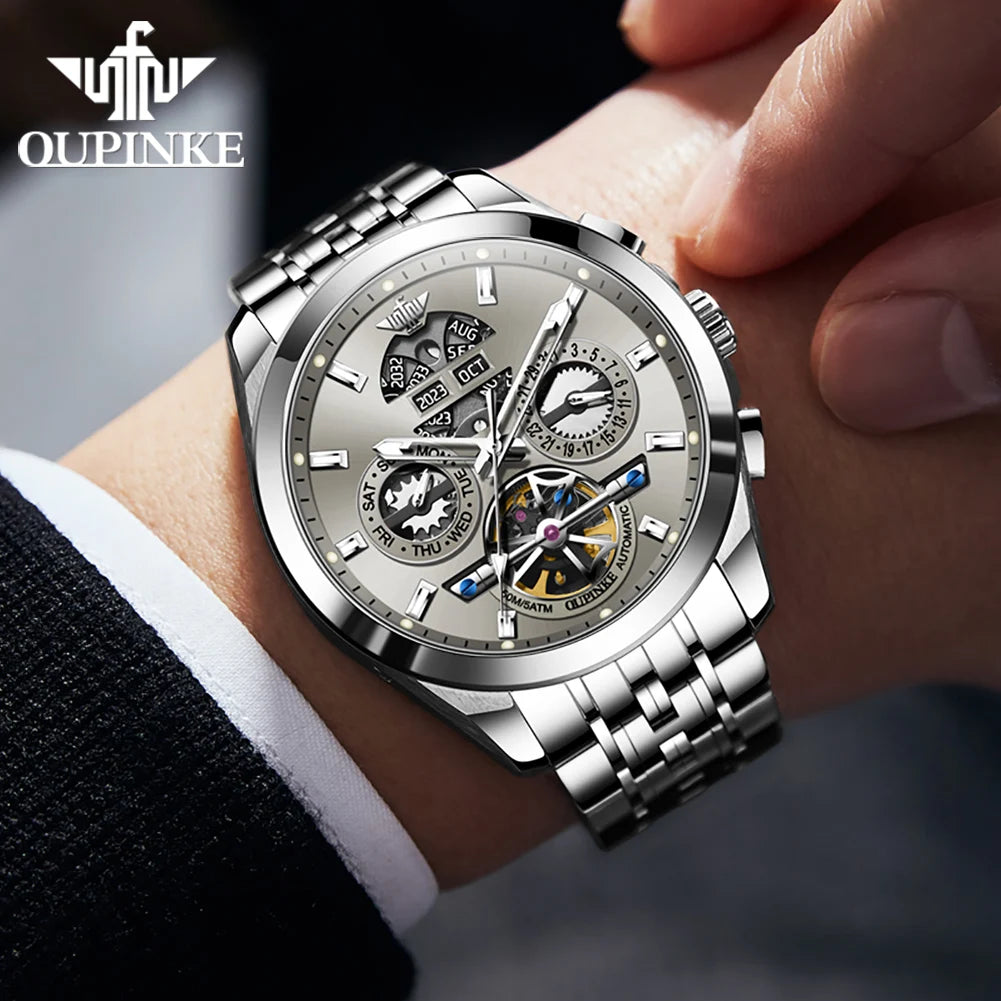 OUPINKE 3251 Watch For Men Auto Date Hollow Skeleton Luxury Automatic Mechanical Hand Clock Top Brand Waterproof Man Watches