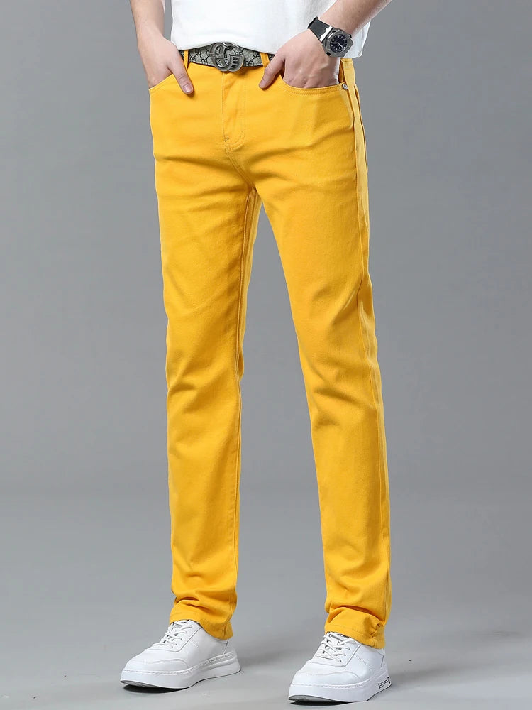 Men's Pink Jeans Spring Summer New Comfortable Elastic Fitted Straight Denim Trousers Fashion Korean Male Casual Pants