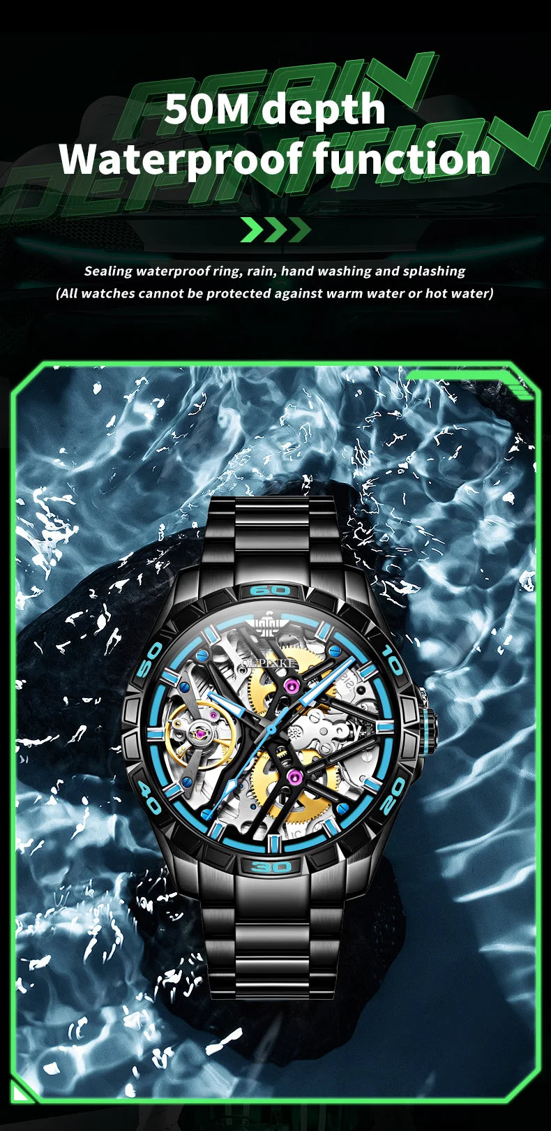 OUPINKE 3196 Fully Automatic Mechanical Watch Men Stainless steel Waterproof Green Night Light High-end Wristwatch Man
