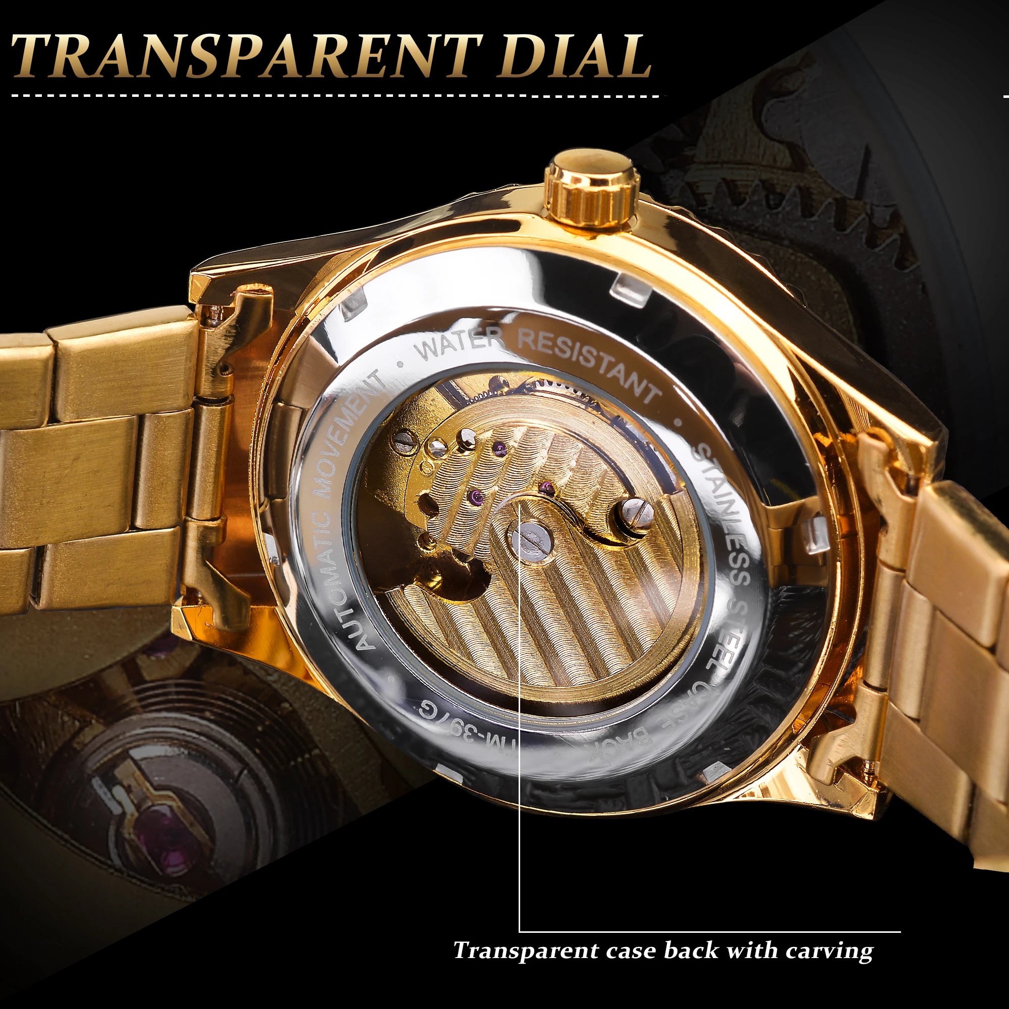 Winner Brand Golden Moon Phase Design Luxury Retro Style Diamond Full Stainless Steel Skeleton Tourbillon Men Automatic Watches