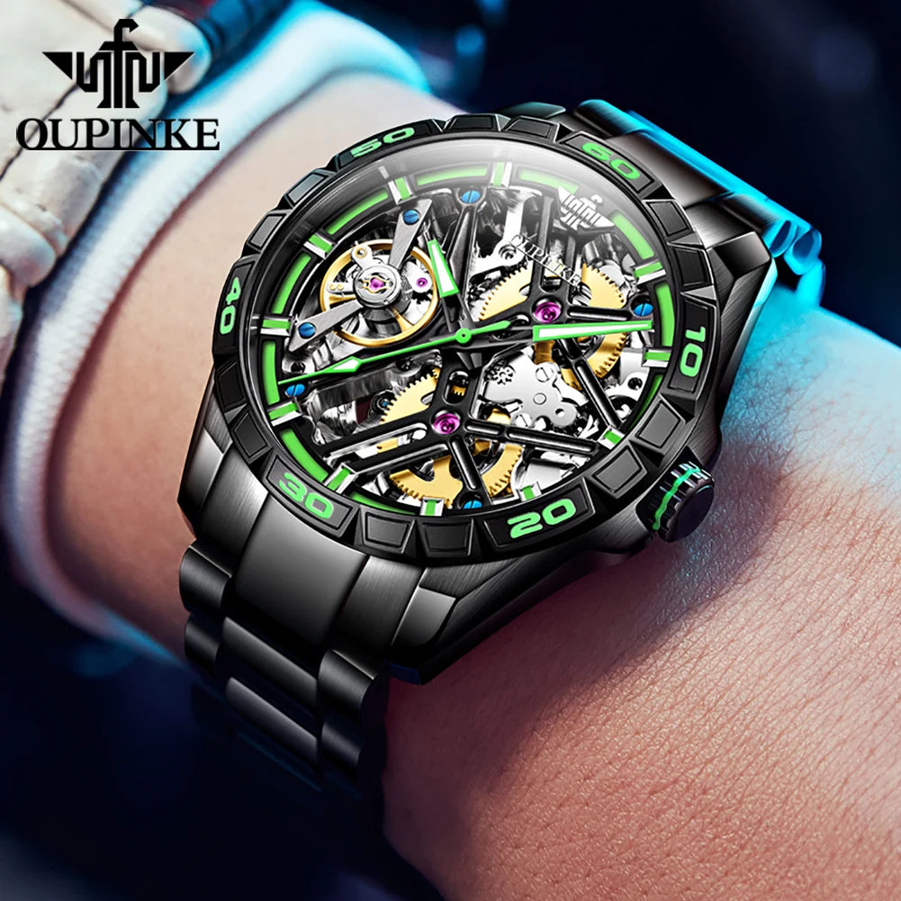 OUPINKE 3196 Fully Automatic Mechanical Watch Men Stainless steel Waterproof Green Night Light High-end Wristwatch Man