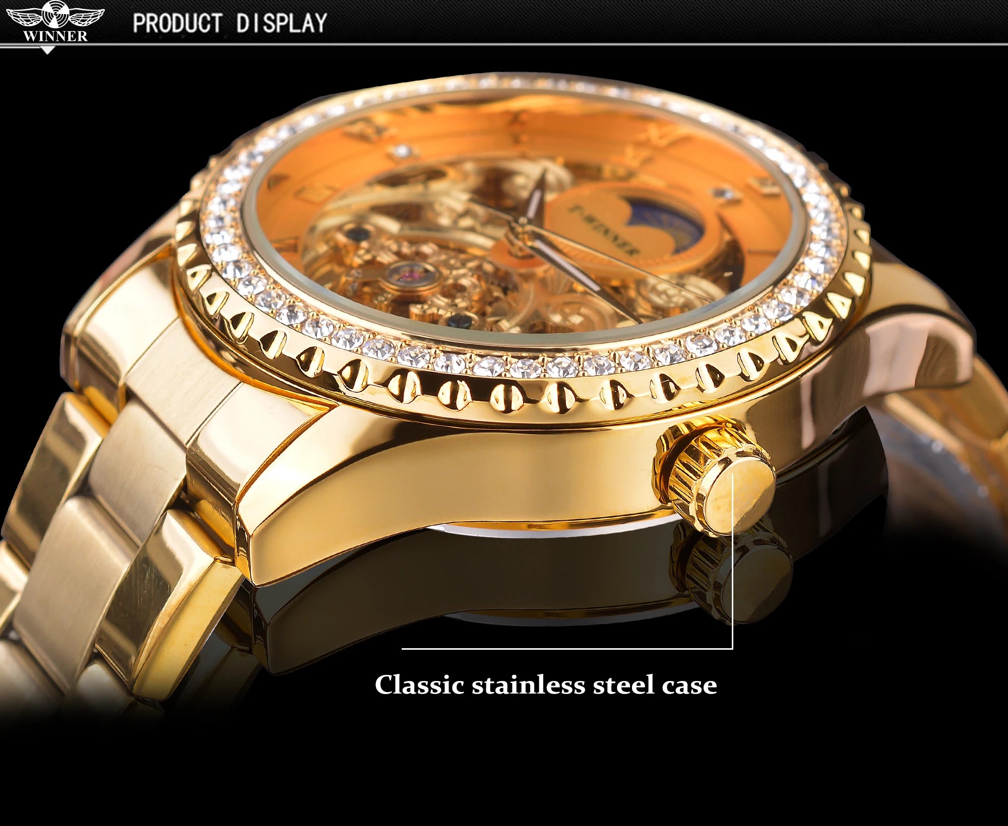 Winner Brand Golden Moon Phase Design Luxury Retro Style Diamond Full Stainless Steel Skeleton Tourbillon Men Automatic Watches