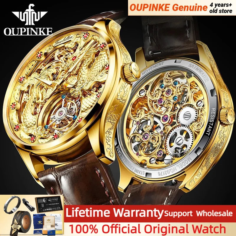 OUPINKE 3176 Original Tourbillon Automatic Movement Men's Watch Leather Strap Waterproof 3D Golden Dragon Fashion Watch Man