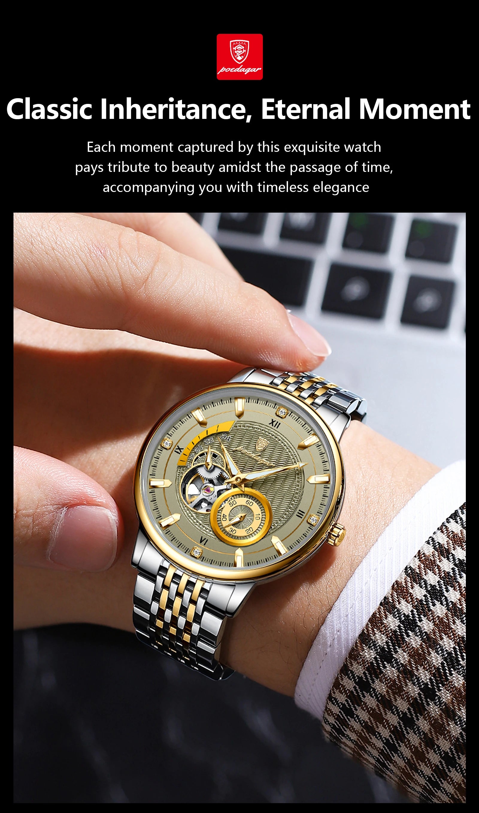 POEDAGAR Luxury Man Wristwatch Top Automatic Mechanical Luminous Men Watch Hollow Tourbillon Stainless Steel Men's Watches Reloj
