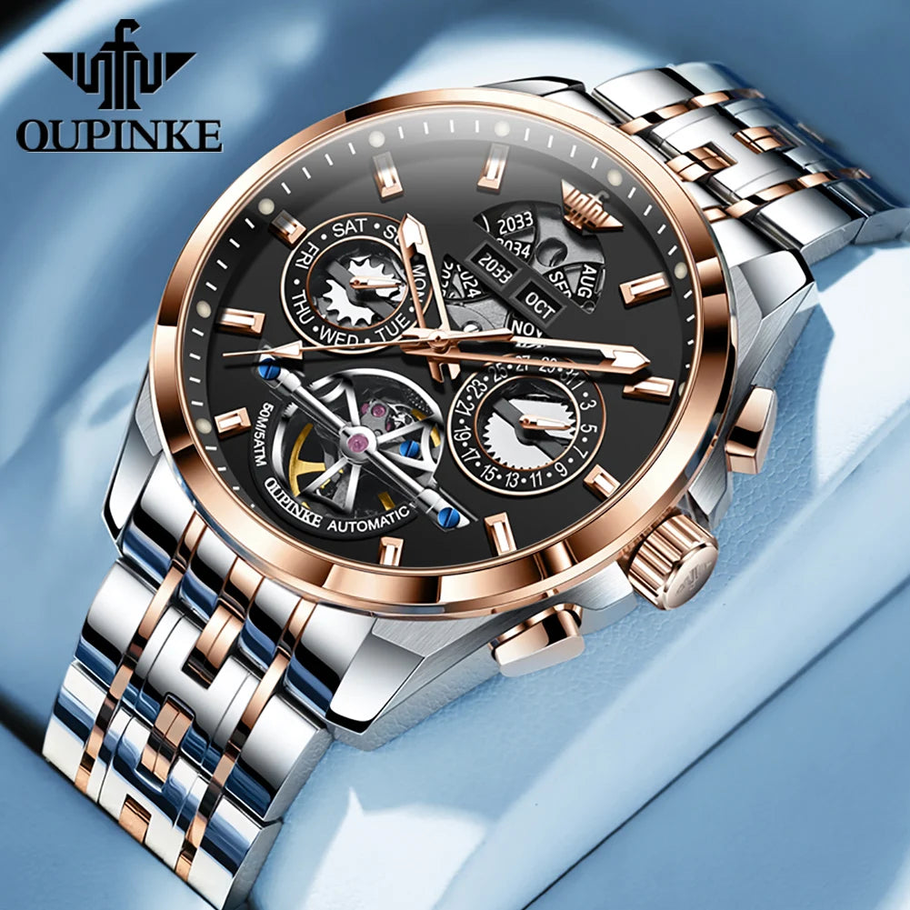 OUPINKE 3251 Mens Watch Luxury Sapphire Glass Tourbillon Mechanical Watch Tungsten Steel 50M Waterproof Watch For Man Gift Box