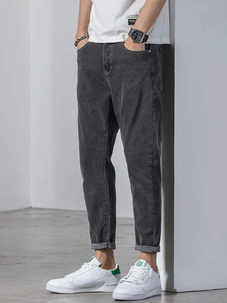 Men's Jeans Light Blue Casual Man Cowboy Pants with Pockets Trousers Cropped Designer Stylish Korean Fashion Summer Original Xs