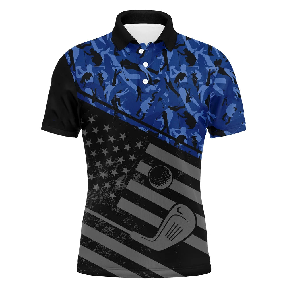 Mens Summer golf polo shirt black American flag patriotic blue camo Polo Shirt golfing gifts Loose Causal Oversized Tee Tops