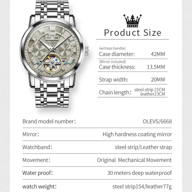 OLEVS 6668 Luxury Skeleton Automatic Mechanical Men Watch Top Brand Movement Roman Scale Calendar Waterproof Business Men Watch